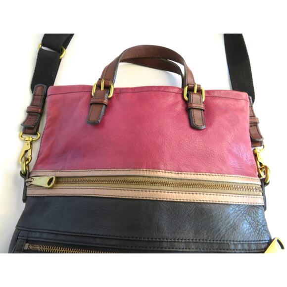 FOSSIL Explorer Leather Tote Crossbody Shoulder Bag Black/Mauve - Picture 5 of 12